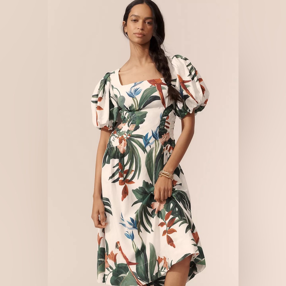 NWT Farm Rio Midnight Macaw Fiesta Linen Blend Puff-Sleeve Midi Dress Size M